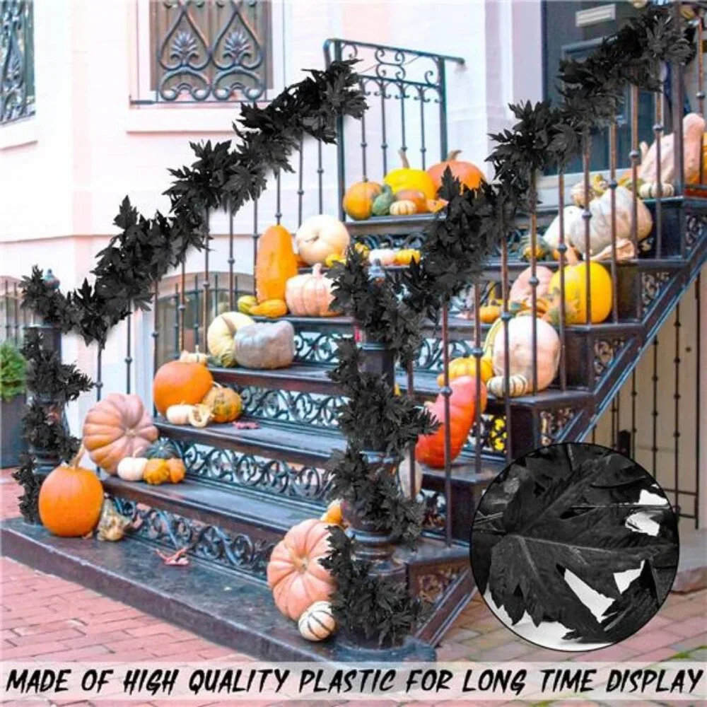 11.8FT Halloween Garland, 2 Pack Black Maple Leaf Garland, Realistic Halloween
